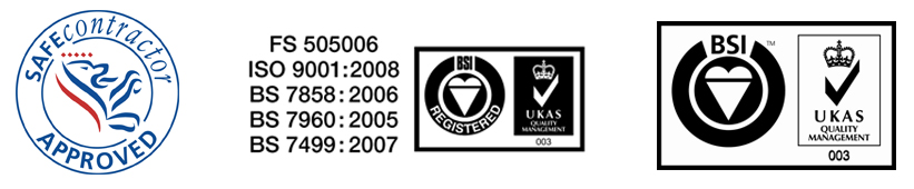 Accreditation logos UKAS, BSI and Safe Contractor Approved